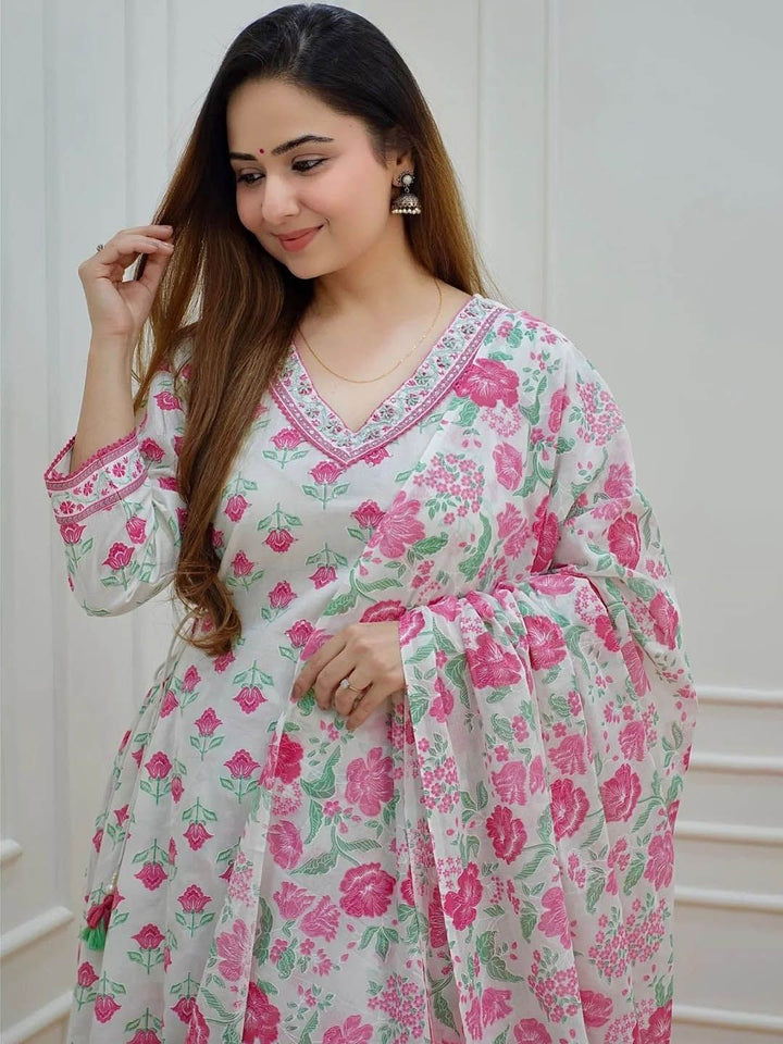 KALINI Floral Printed Waist Tie-Up A-Line Kurta with Trousers & Dupatta