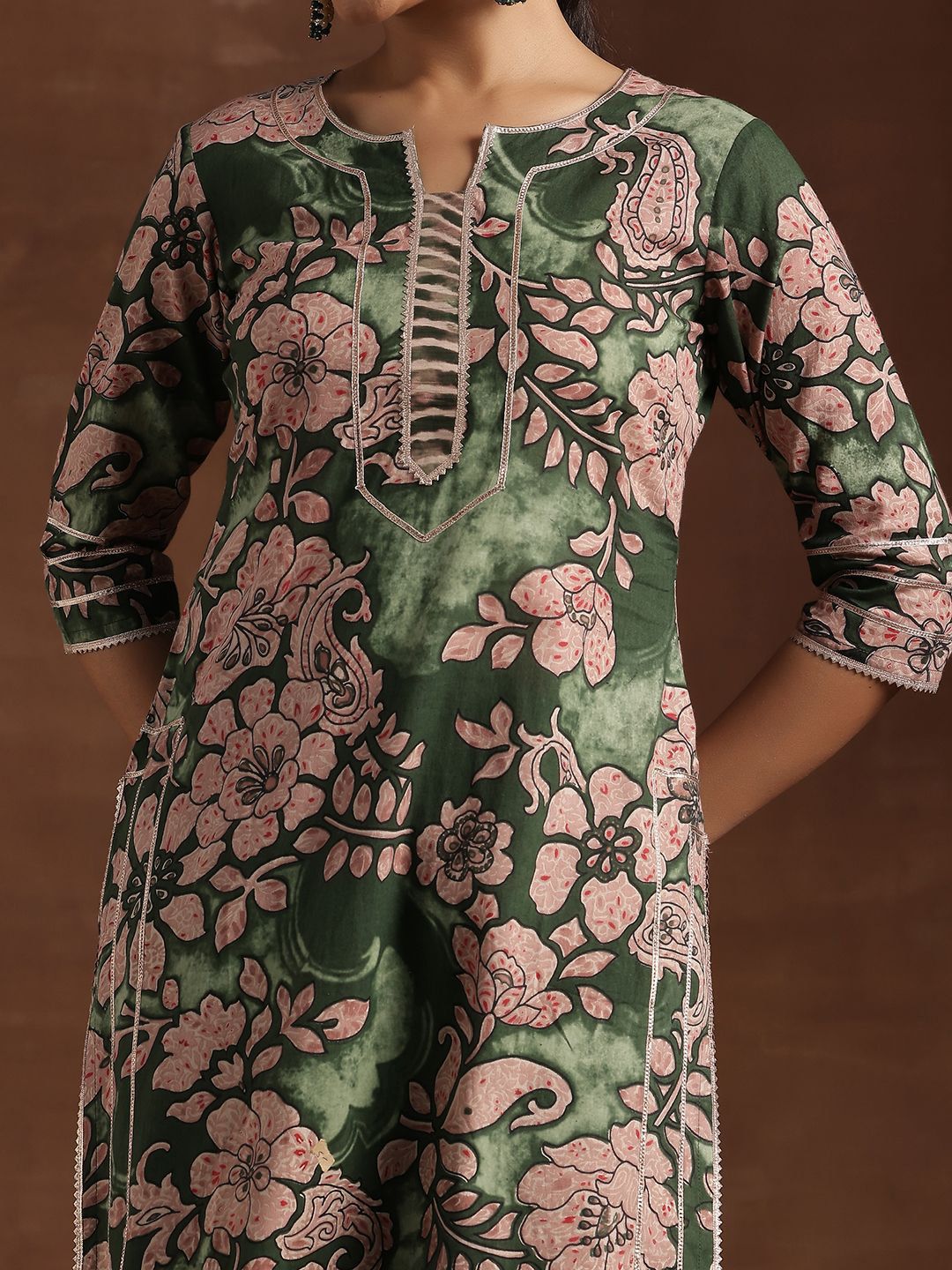 Libas Green Floral Printed Gotta Patti Pure Cotton Kurta With Palazzos & Dupatta