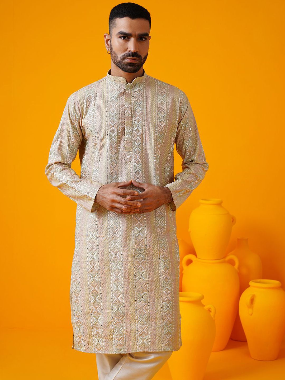 SOJANYA LUXE Ethnic Motifs Embroidered Sequinned Mandarin Collar Straight Kurta