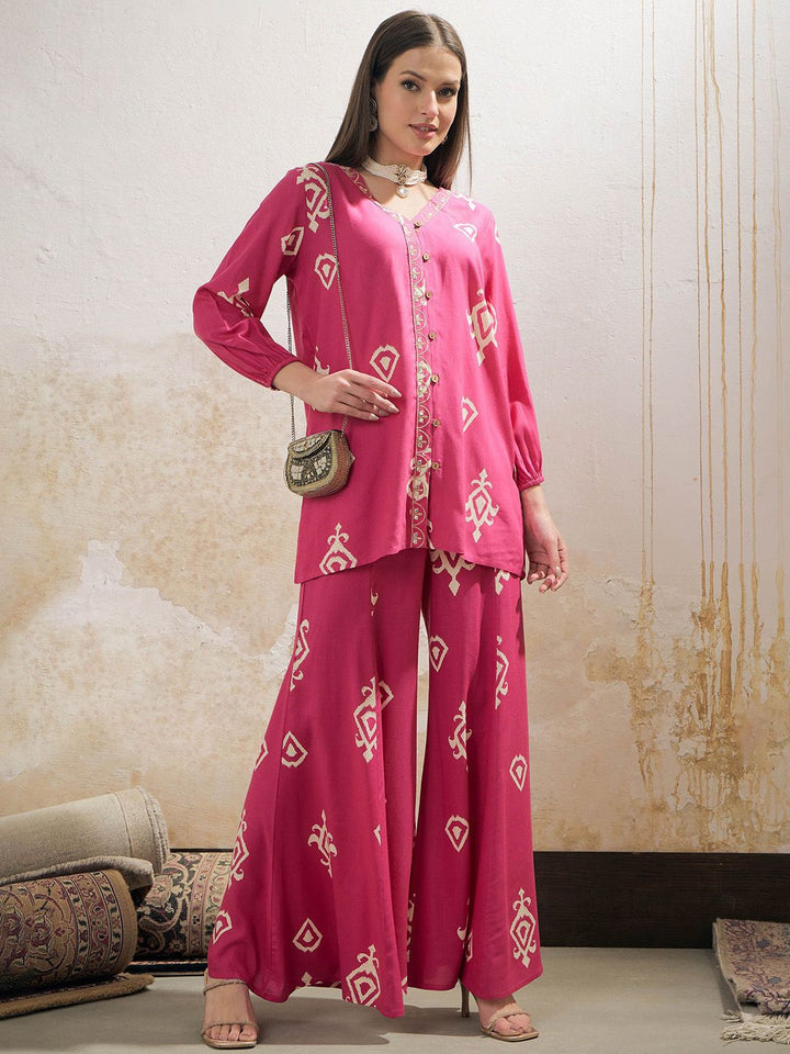 Shae oleh sassafras motif etnik dicetak kemeja kerja Patti dengan palazzos