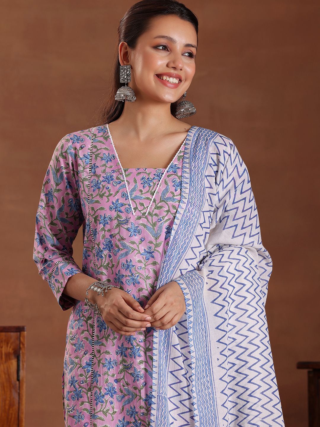 Libas Floral Printed Panelled Pure Cotton Straight Kurta With Trousers & Dupatta