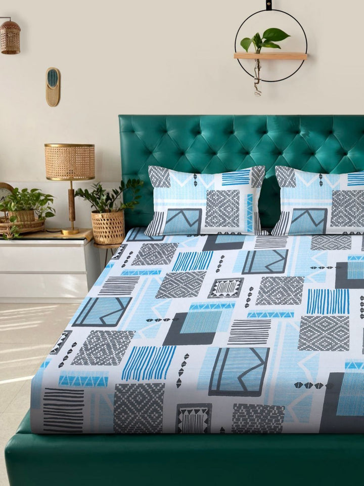 Myntra Elegant Homes Blue & White Geometric 400 TC King Bedsheet with 2 Pillow Covers