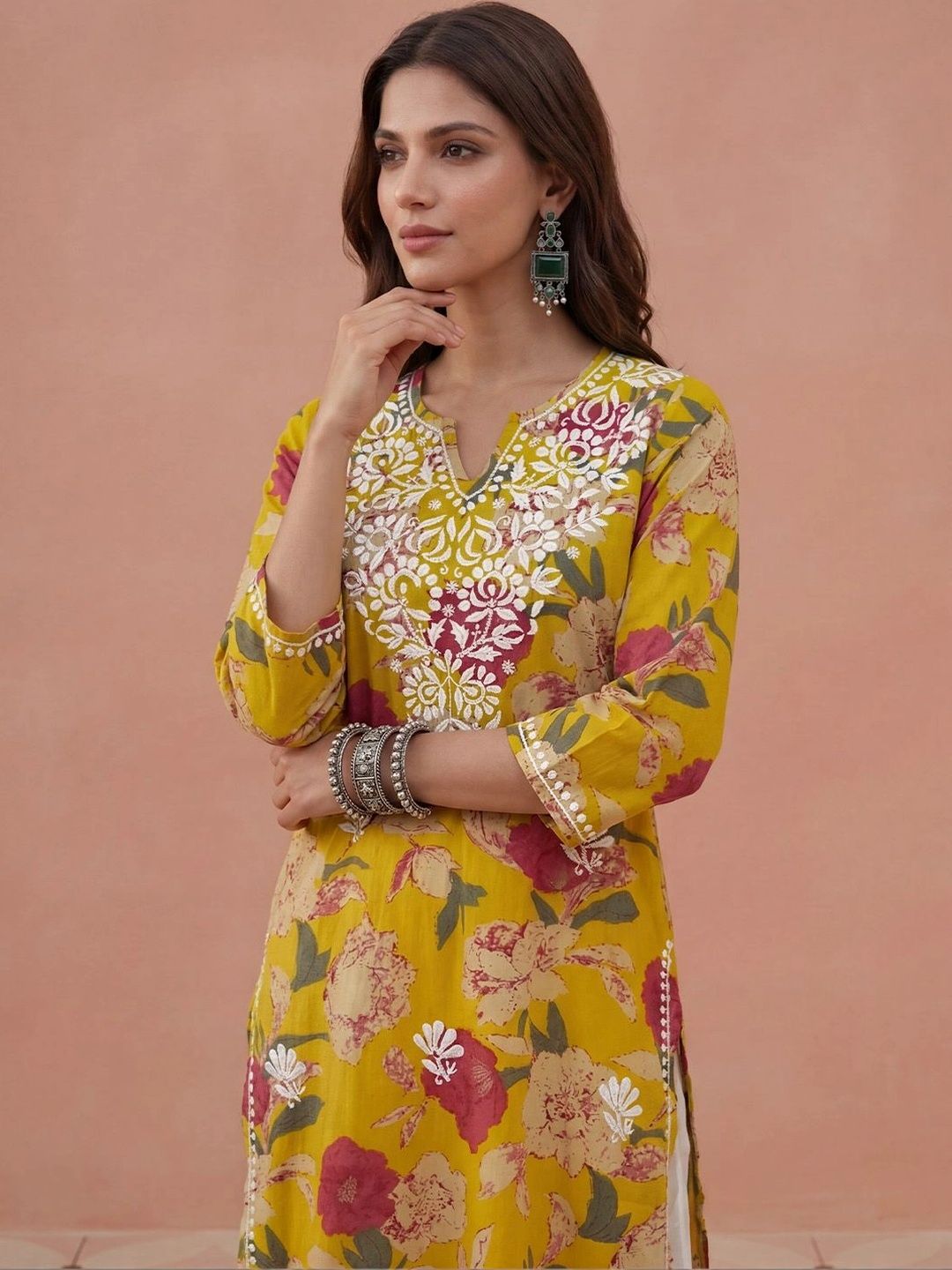 House of Chikankari Women Floral Printed Thread Work Floral Kurta