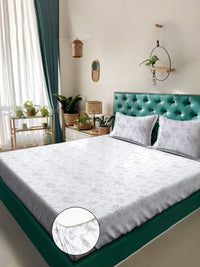 KLOTTHE White Floral Printed Fitted 400 TC Cotton Super King Bedsheet With 2 Pillow Covers