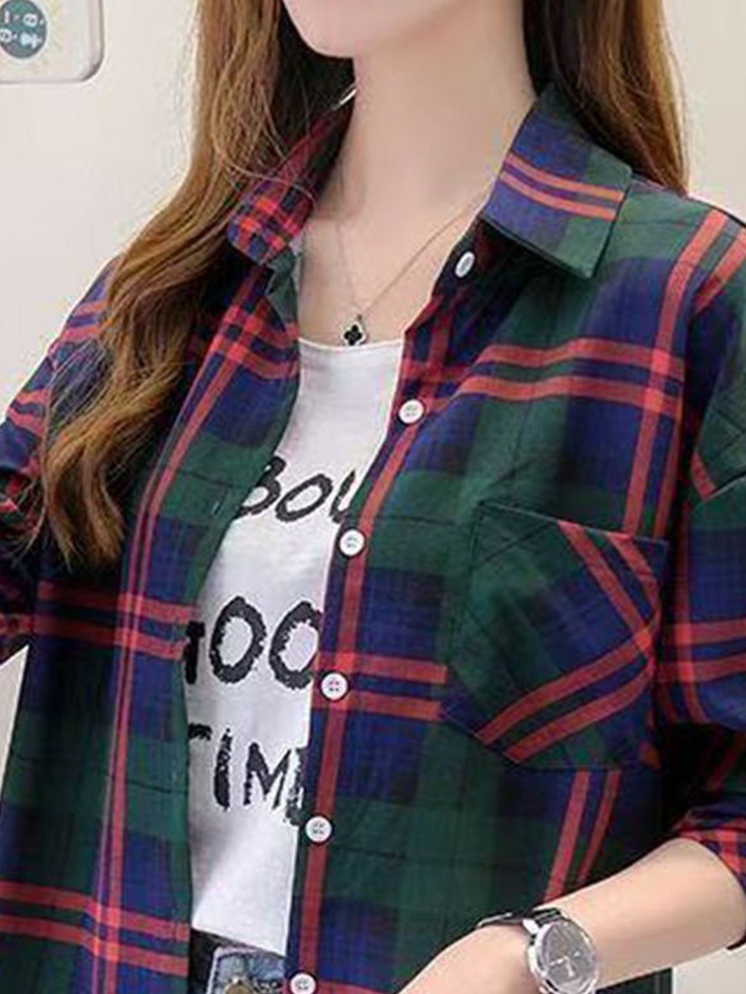 DressBerry Women Oversized Fit Tartan Checked Spread Collar Casual Shirt