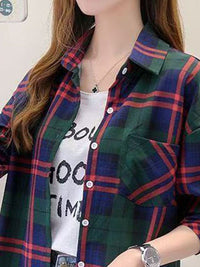 DressBerry Women Oversized Fit Tartan Checked Spread Collar Casual Shirt