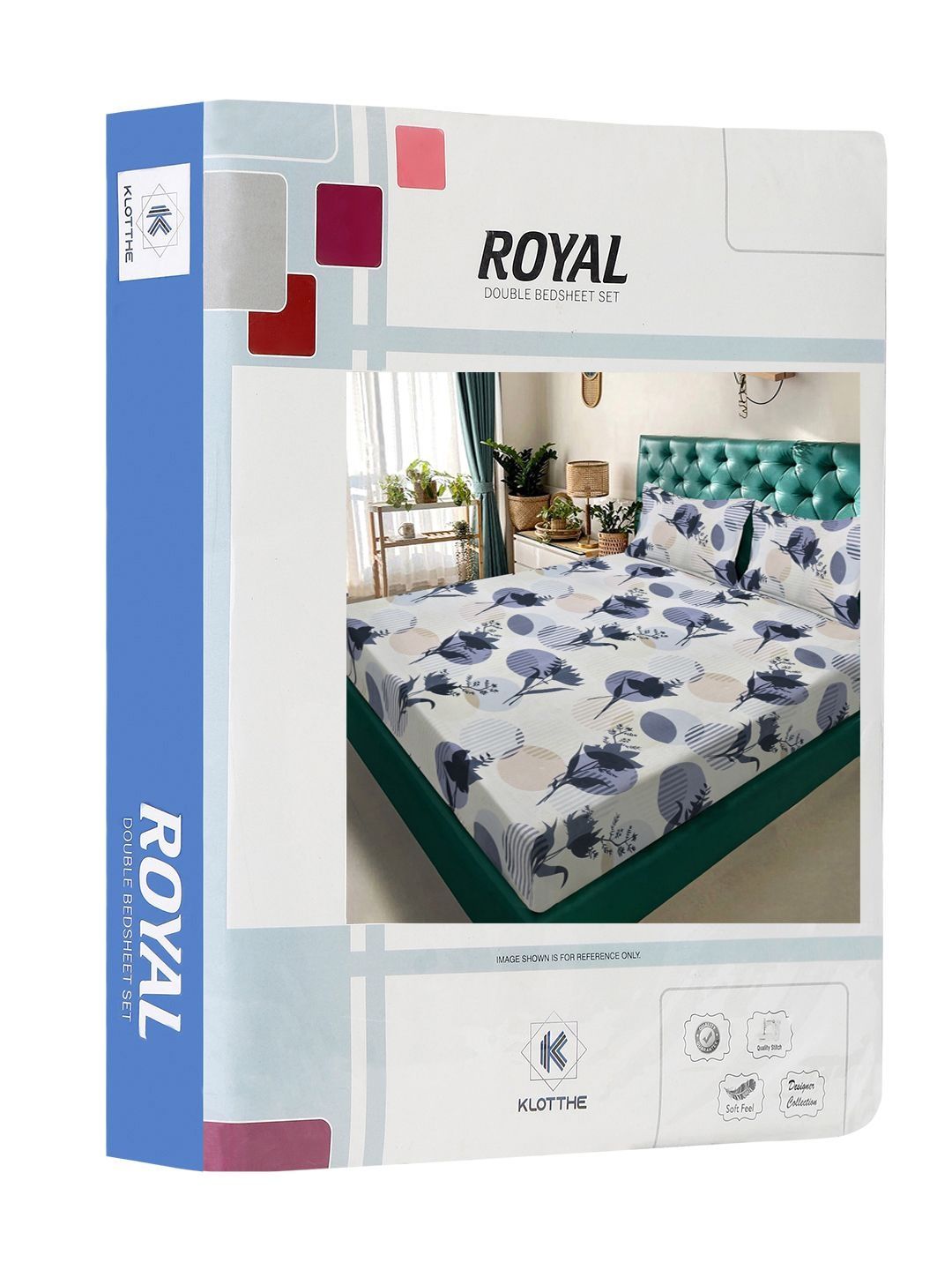KLOTTHE Blue Floral Printed Flat 300 TC Double King Fine Bedsheet Dengan 2 Sarung Bantal