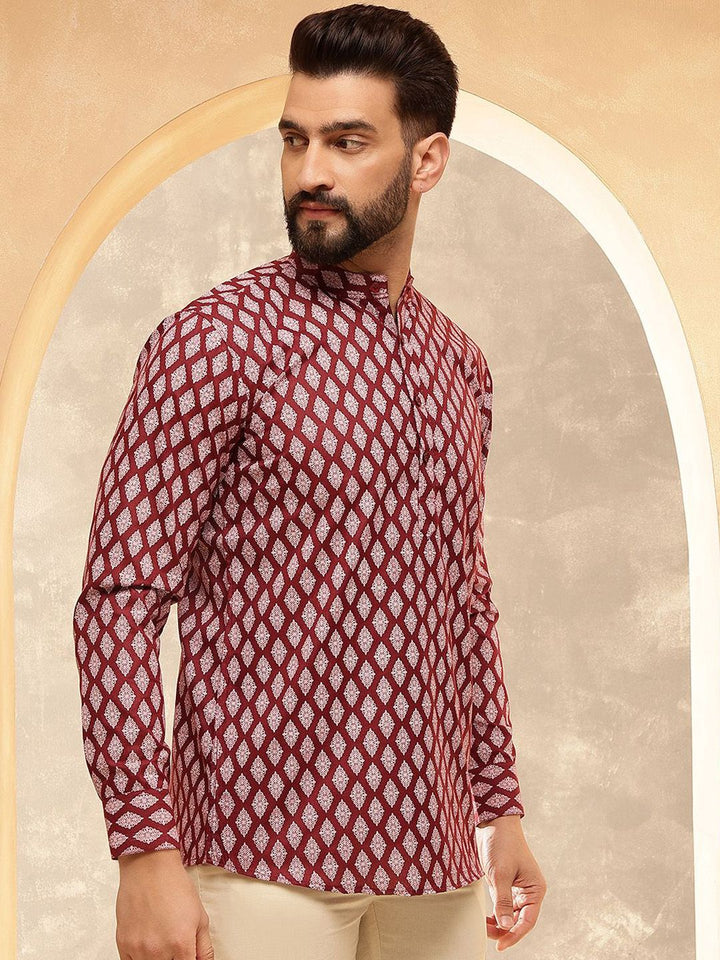 Anouk Maroon Etnik Motif Bercetak Kolar Jalur Kurta Pendek Lurus
