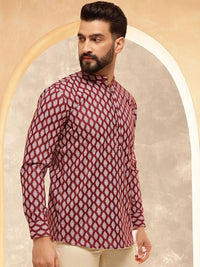 Anouk Maroon Etnik Motif Bercetak Kolar Jalur Kurta Pendek Lurus