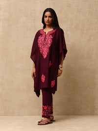 House of Chikankari Crafts Aari Embroidered Solid Women's Kaftan Set - Wine