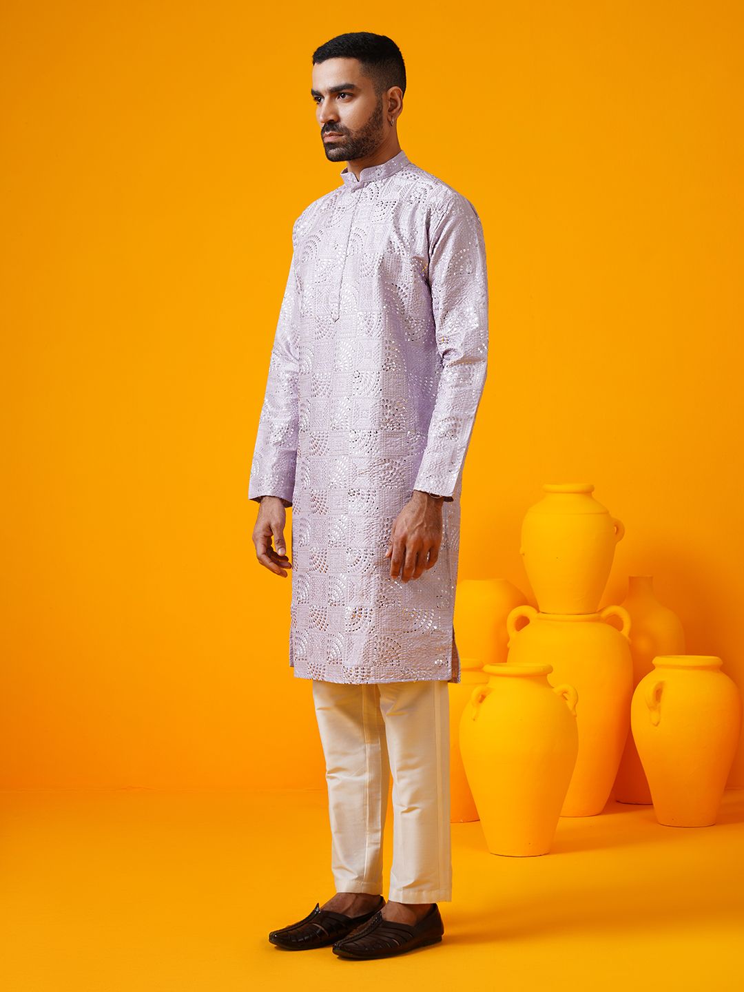 SOJANYA LUXE Geometric Embroidered Mandarin Collar Cotton Silk Straight Kurta With Trouser