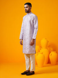 SOJANYA LUXE Geometric Embroidered Mandarin Collar Cotton Silk Straight Kurta With Trouser