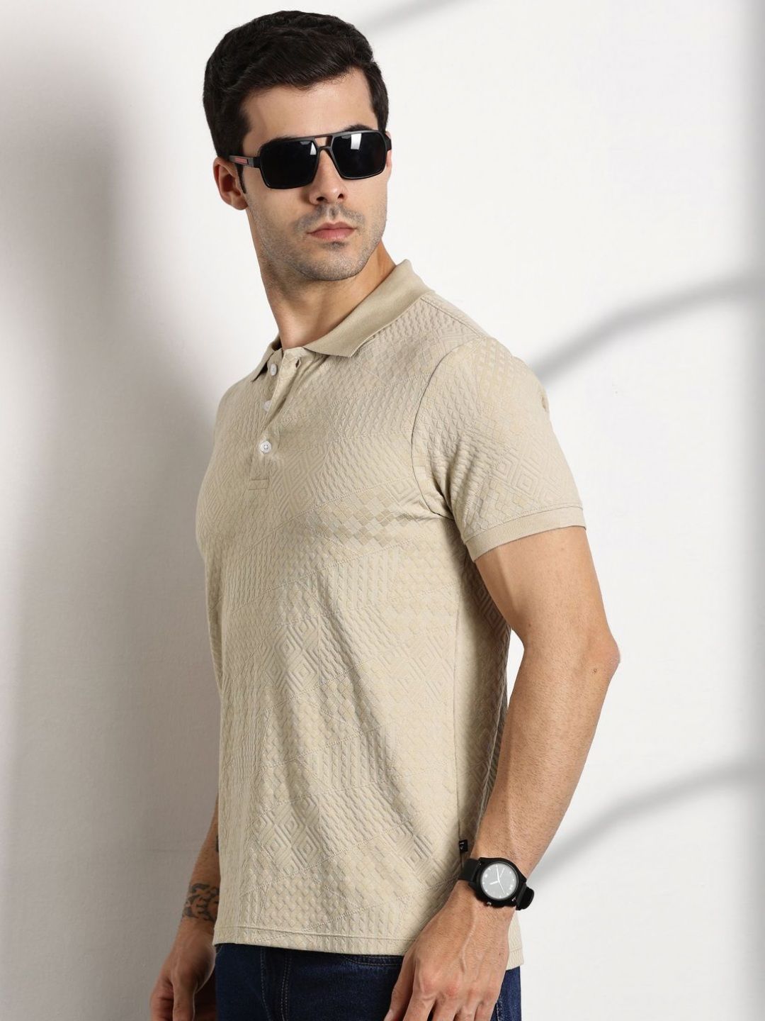 Thomas Scott Men Self Design Polo Collar Cotton T-shirt