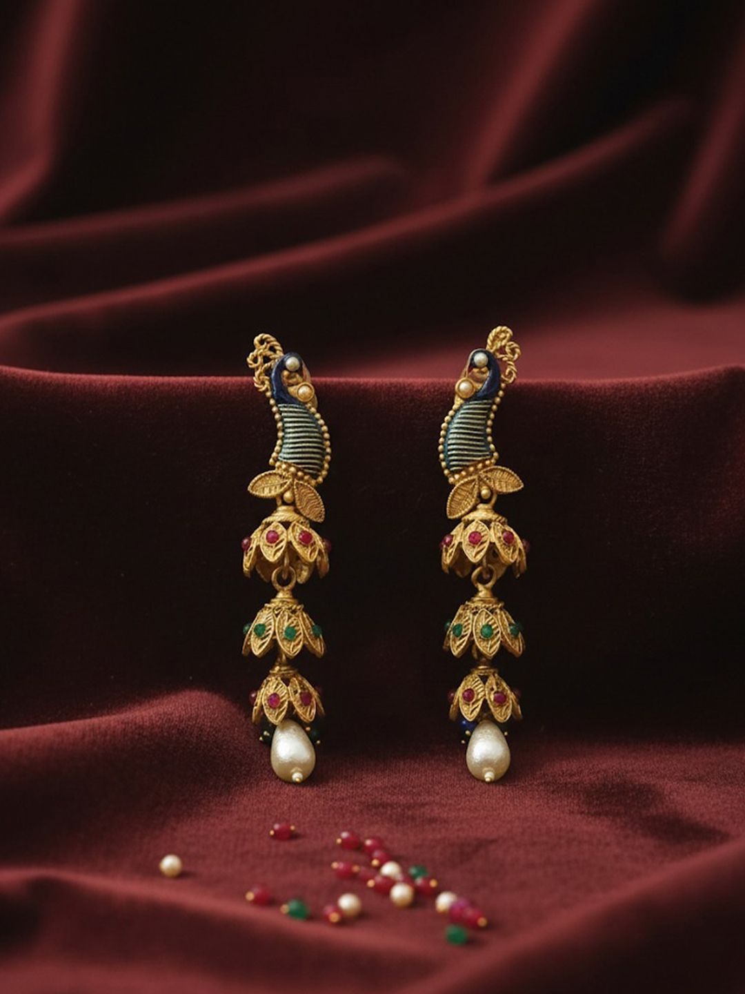 PANASH Gold-Plated Artificial Stones Studded And Beaded Peacock Shaped Drop Earrings