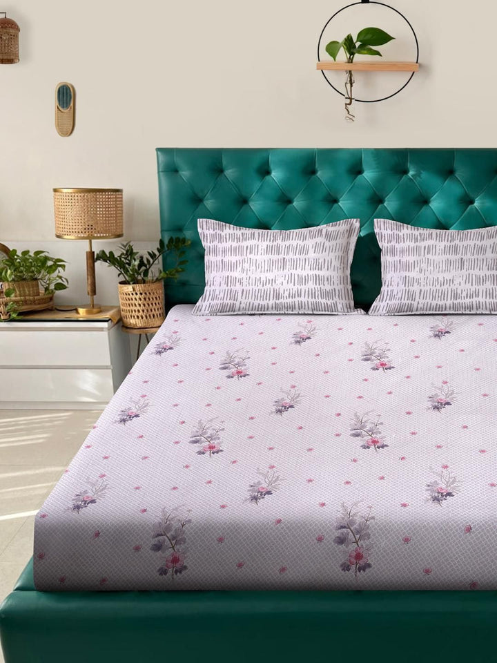 KLOTTHE Purple & Pink Floral Printed Cotton 400 TC Set Cadar King 2.5 m x 2.25 m