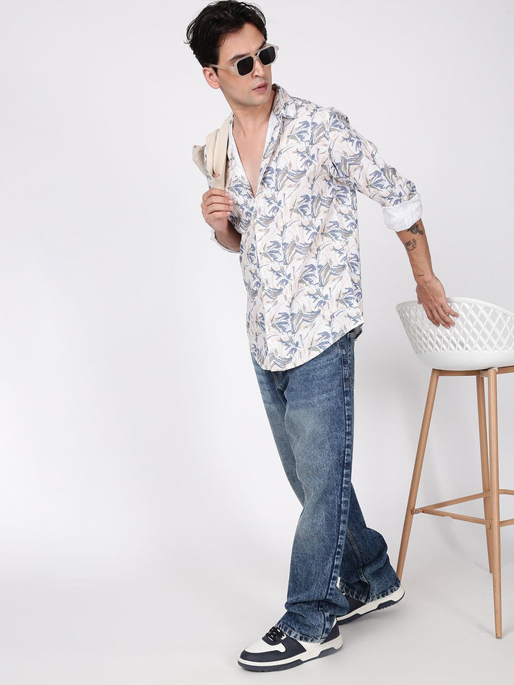 Bene Kleed Men Slim Fit Floral Printed Slub Texture Casual Shirt