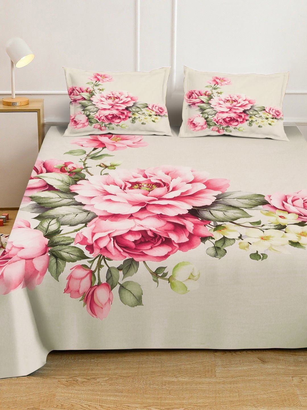 KLOTTHE Beige & Pink Floral Printed Fitted 300 TC King Bedsheet With 2 Pillow Cover
