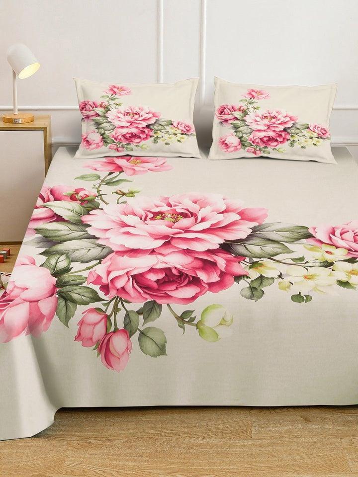 KLOTTHE Beige & Pink Floral Printed Fitted 300 TC King Bedsheet With 2 Pillow Cover