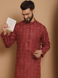 Anouk Men Maroon Geometric Printed Thread Work Pathani Kurta