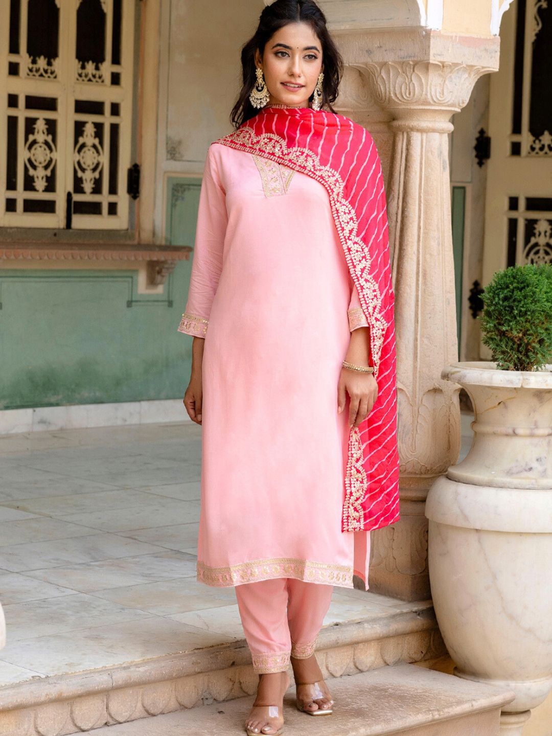 KALINI Floral Yoke Design Zari Gotta Patti Kurta with Trousers & Dupatta