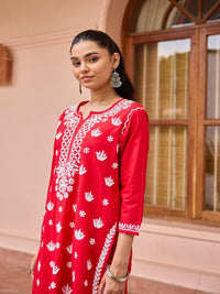 Rumah Chikankari Wanita Red Cotton Chikankari Sulam Kurta