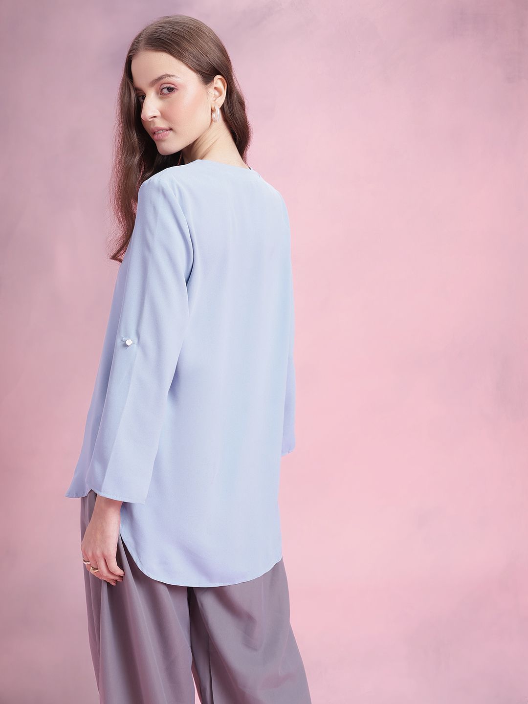 DressBerry Mandarin Collar Roll-Up Sleeves Longline Top