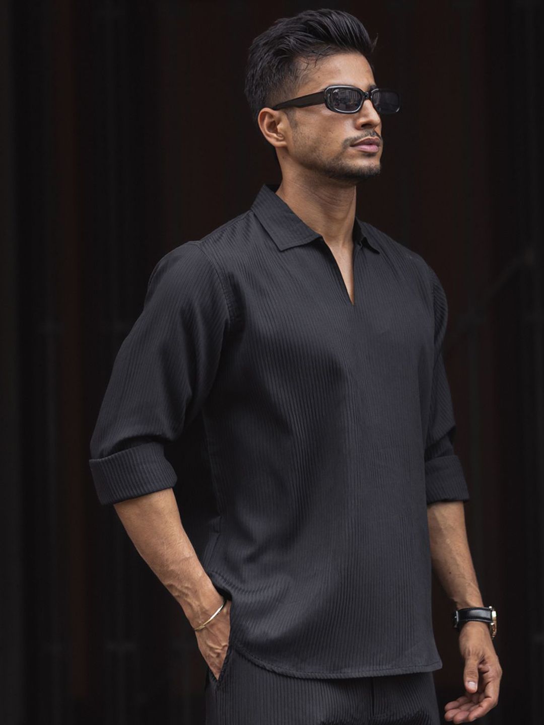 Powerlook Self Design Polo Collar Long Sleeves T-Shirt With Trouser