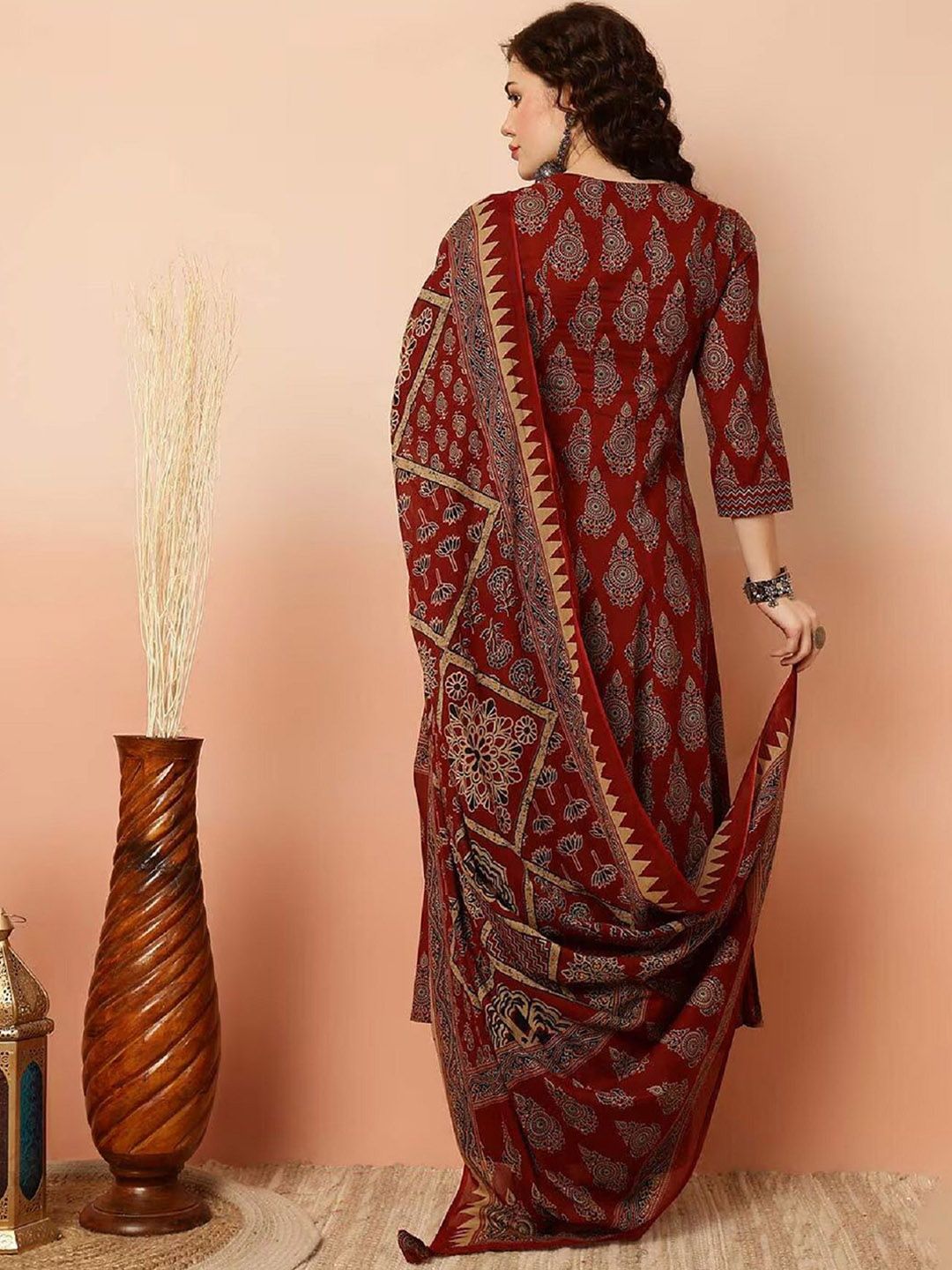 KALINI Ethnic Motifs Printed V-Neck Straight Kurta with Trousers & Dupatta