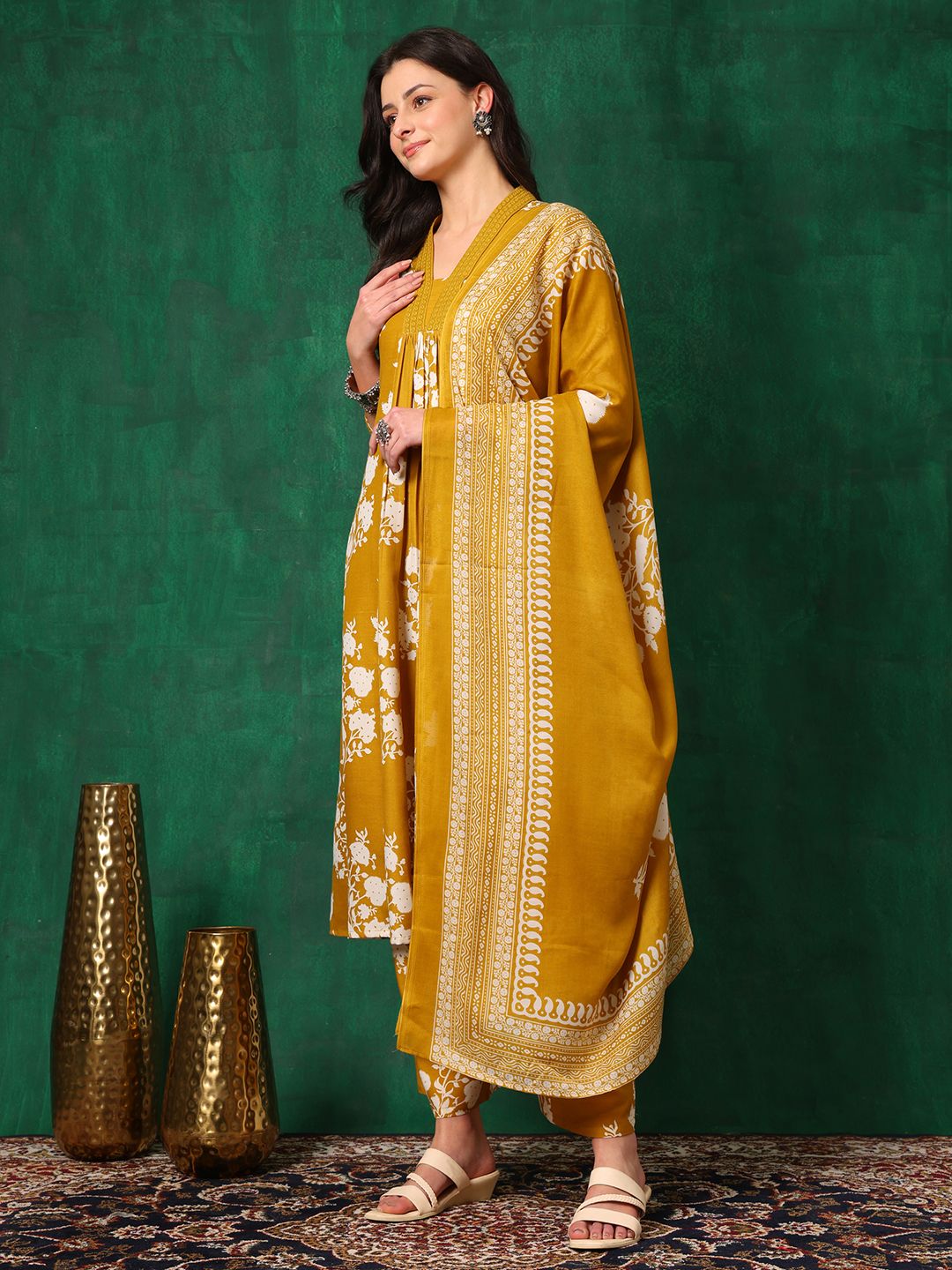 KALINI Floral Printed A-Line Kurta with Palazzos & With Dupatta