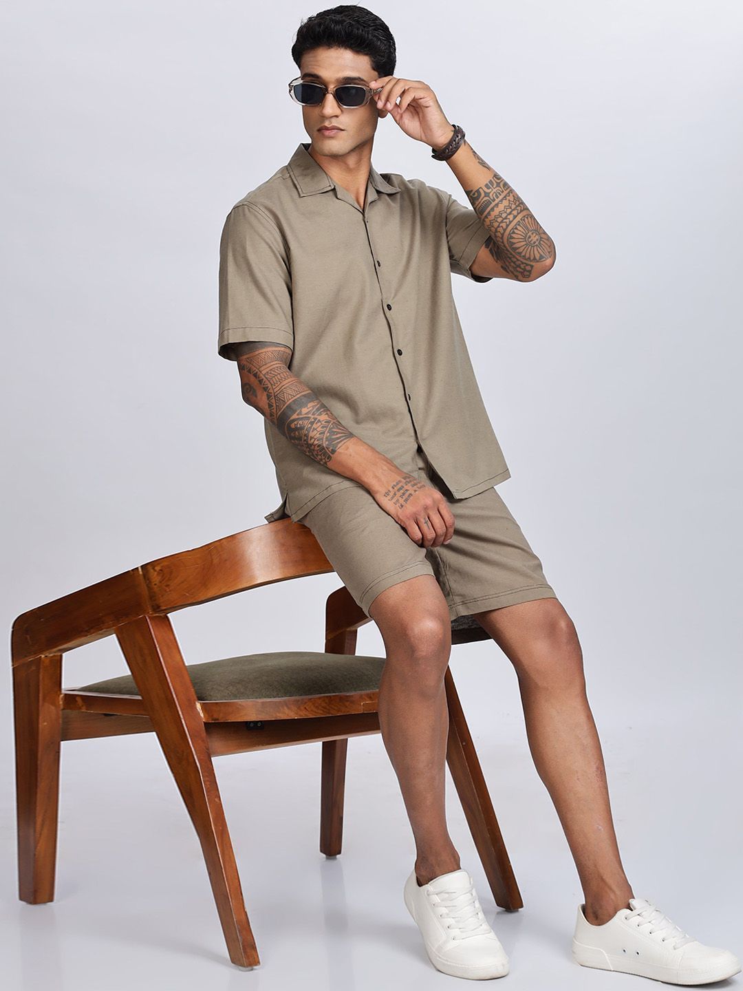 Eszett Olive Pure Cotton Shirt Collar With Shorts Co-Ord Set