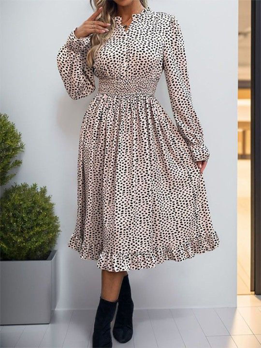 DressBerry Animal Print Puff Sleeve Empire Midi Dress