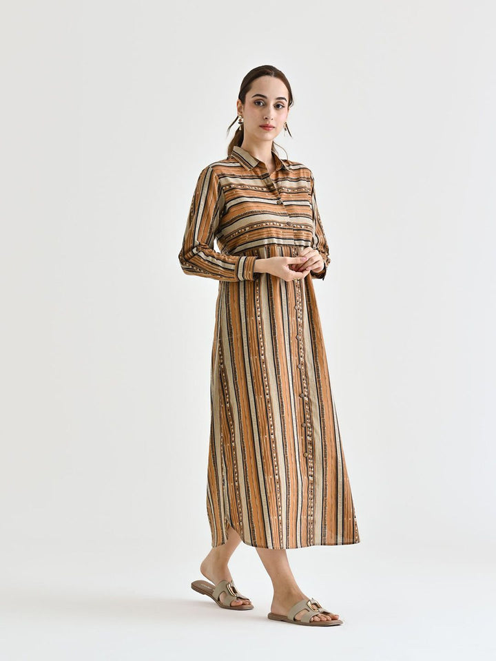 Rustorange Women Striped Cotton Shirt Collar Shirt Midi Dress