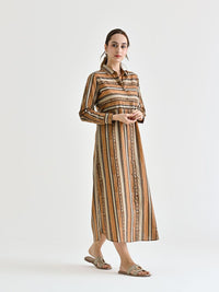 Rustorange Women Striped Cotton Shirt Collar Shirt Midi Dress