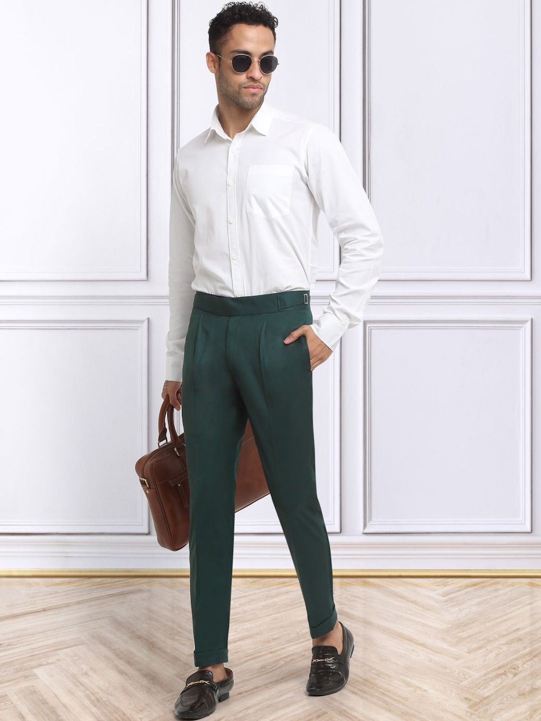 Men's Bottle Green Cotton Rich Solid Slim Fit Formal Gurkha Pants