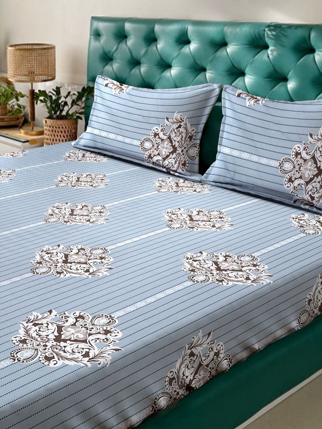 Myntra Elegant Homes Motif Etnik Kelabu Policotton 300 TC Cadar Halus King dengan 2 Sarung Bantal-98 x 89 inci
