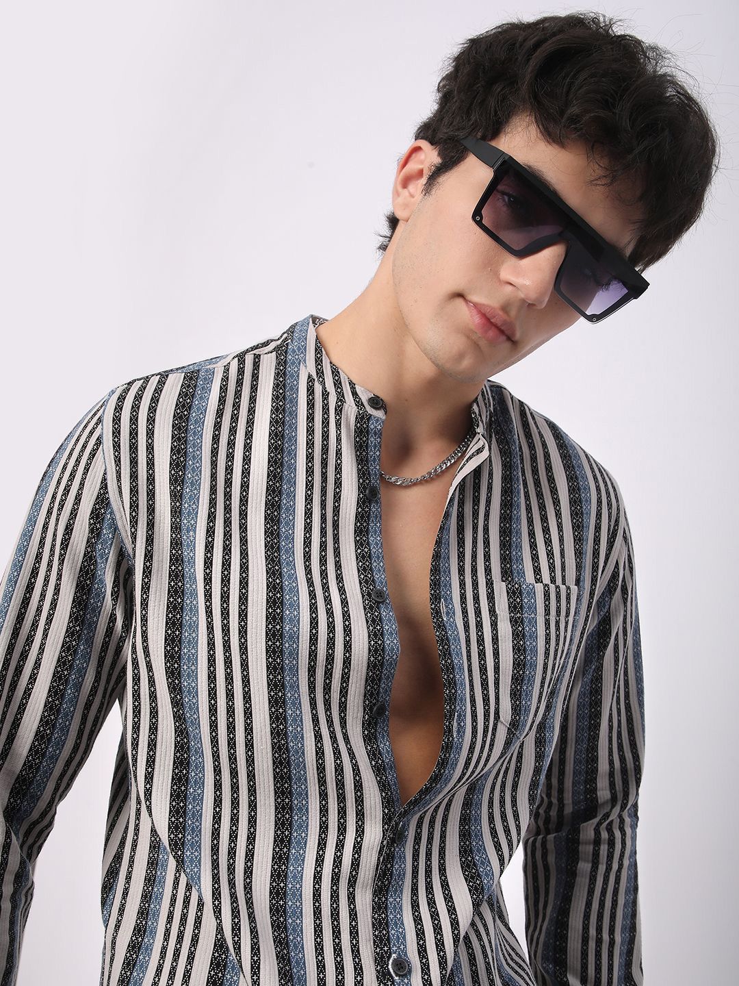 VASTRADO Men Classic Mandarin Collar Multi Striped Cotton Slim Fit Casual Shirt