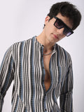 VASTRADO Men Classic Mandarin Collar Multi Striped Cotton Slim Fit Casual Shirt