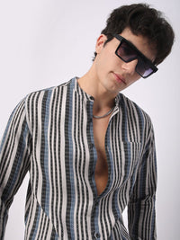 VASTRADO Men Classic Mandarin Collar Multi Striped Cotton Slim Fit Casual Shirt
