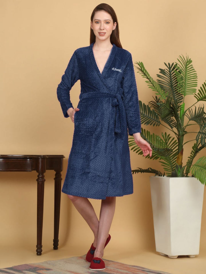 KLOTTHE Navy Blue Self Design Woollen Bath Robe With Belt
