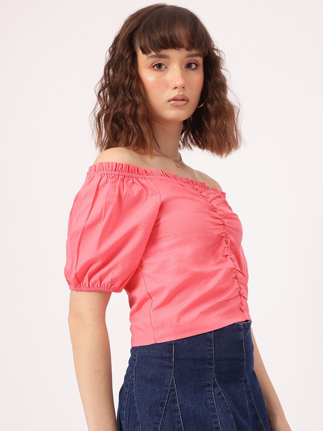 DressBerry Romantic Fusion Ruched Bardot Crop Top