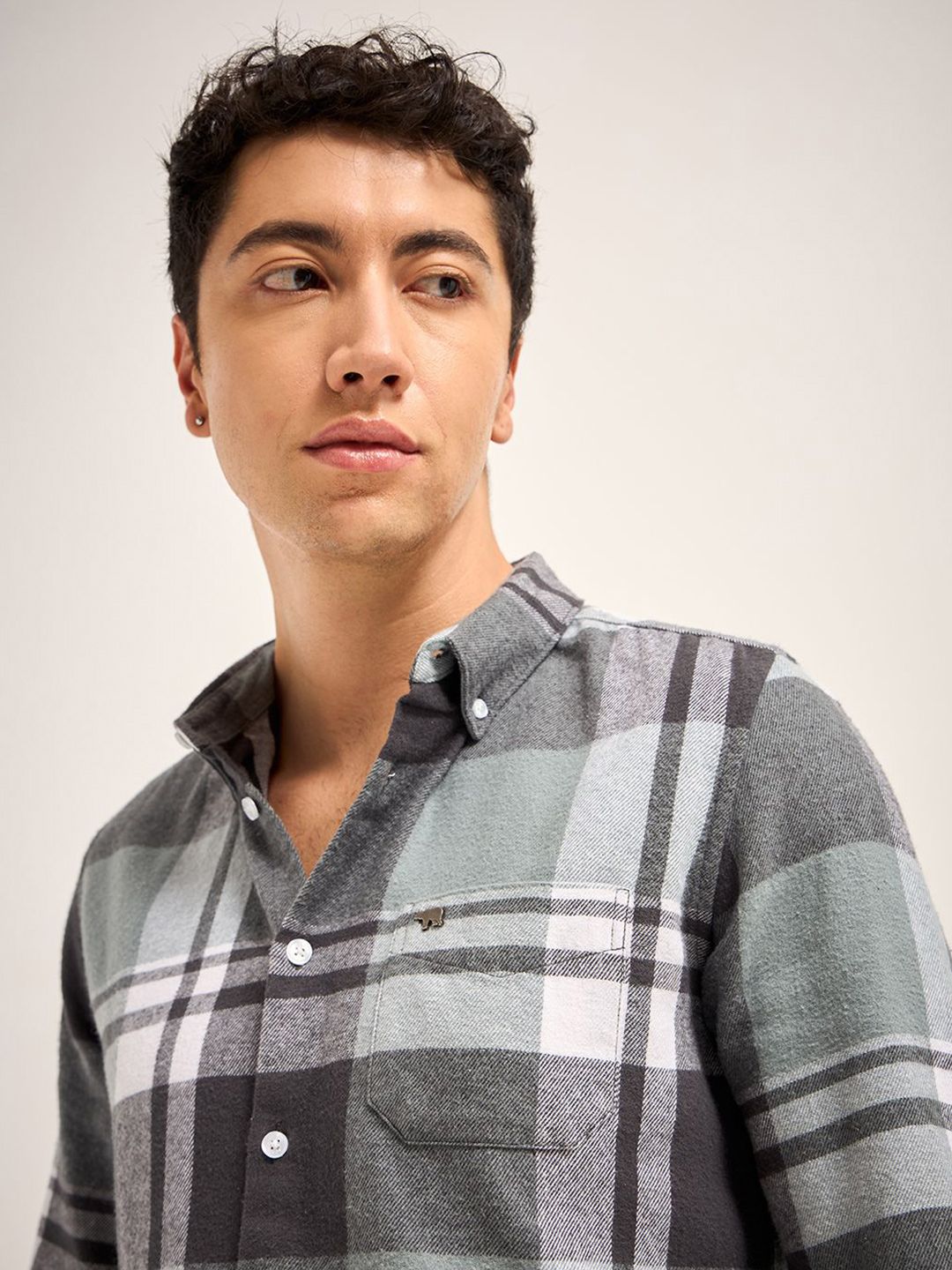 THE BEAR HOUSE Button-Down Collar Checked Pure Cotton Slim Fit Casual Shirt