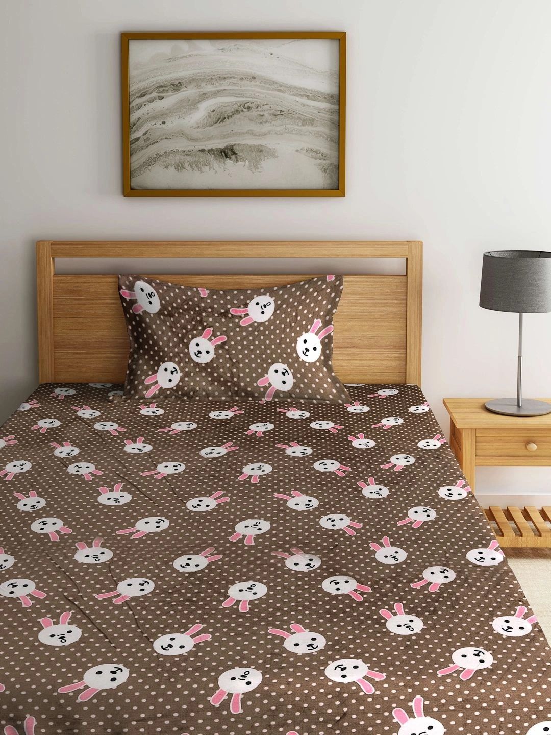 Myntra Elegant Homes Kartun Coklat Dilengkapi Cadar Bujang Bulu 300 TC dengan 1 Sarung Bantal