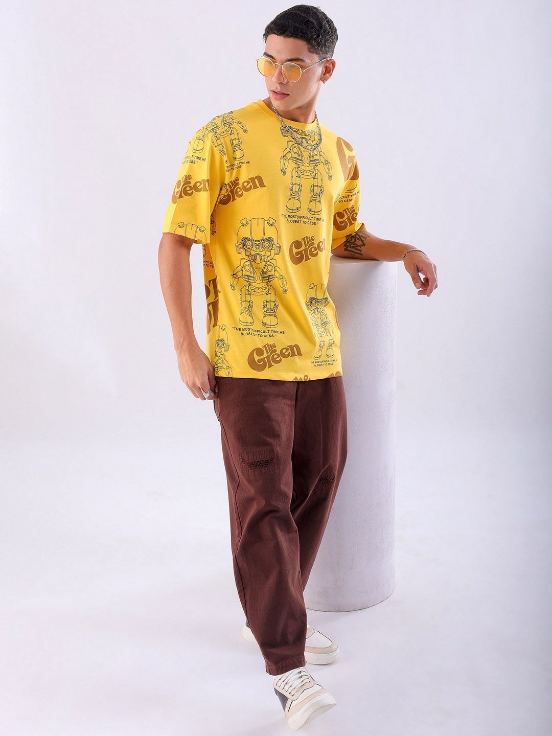 The Indian Garage Co Men Printed Mandarin Collar Pockets Boxy T-shirt