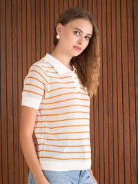 SASSAFRAS Women Crochet Stripess Polo Beach Cover-up T-Shirt