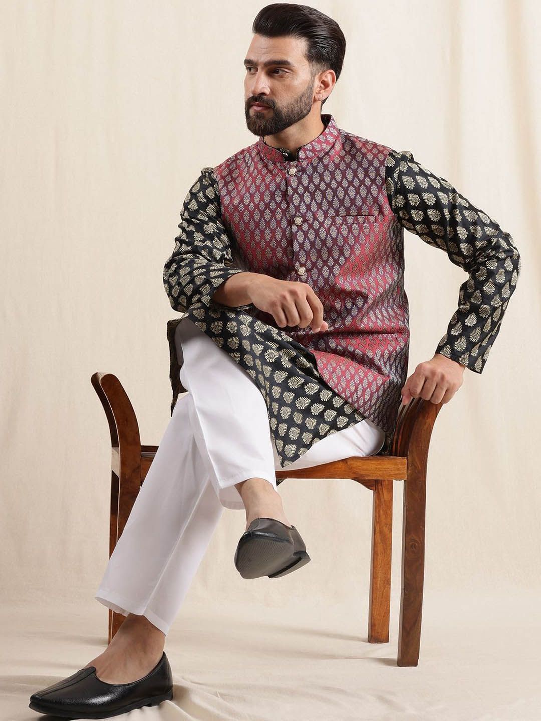 Anouk Men Floral Printed Kurta with Pyjamas & Nehru Jacket