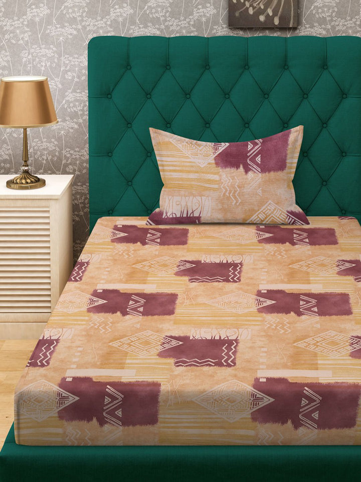 KLOTTHE Yellow & Brown Printed Pure Cotton 400 TC Fitted Single Bedsheet With Pillow Cover