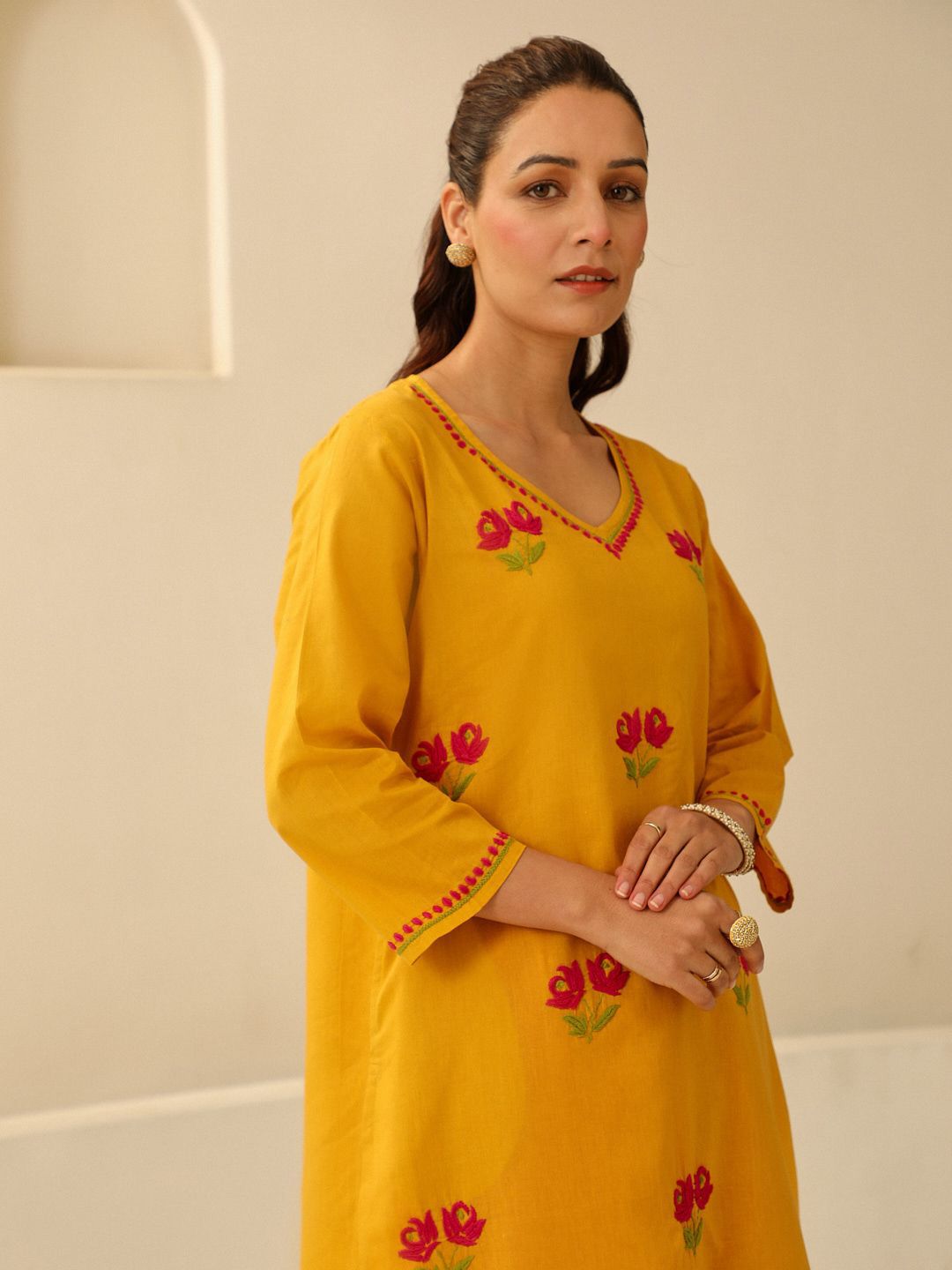 Rumah Chikankari Wanita Mustard Kuning Kapas Chikankari Sulam Kurta