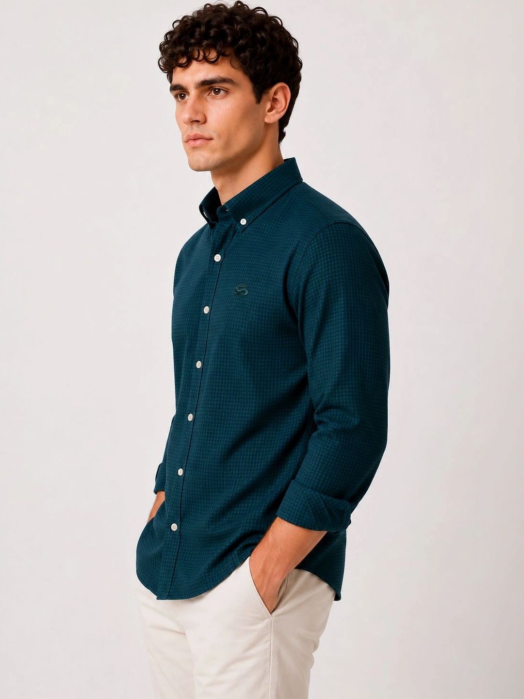 ADRO Men Teal Blue Mini Checked Regular Fit Casual Cotton Shirt