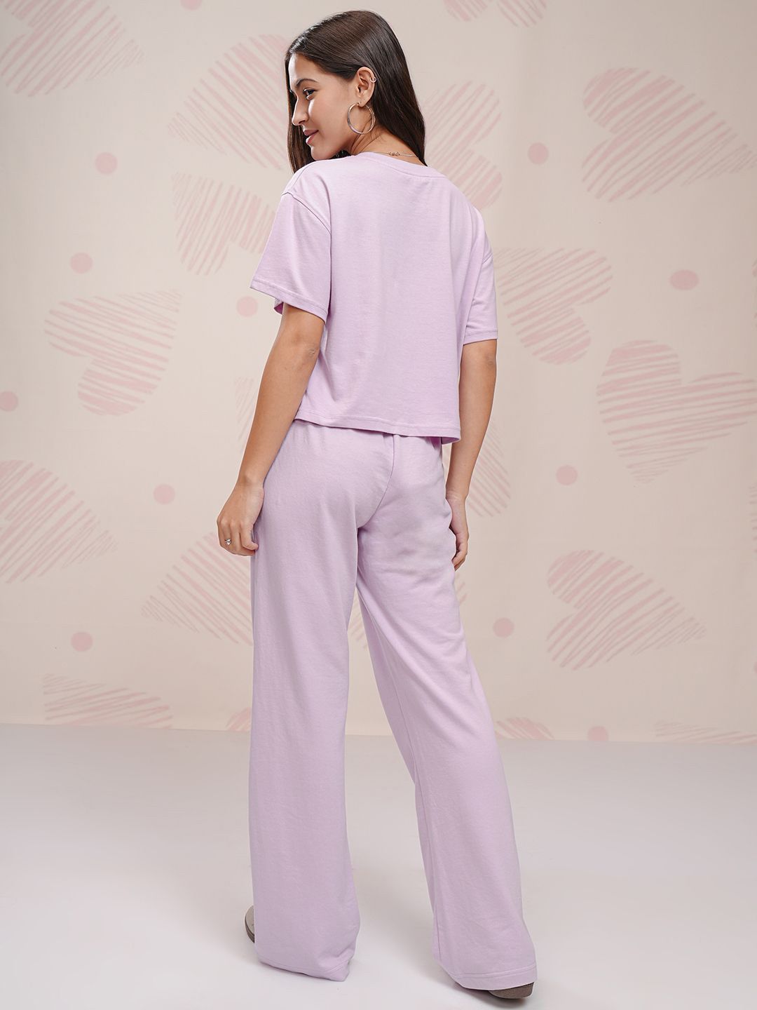 Tokyo Talkies Lavender Dumbo Printed Round Neck Short Sleeves T Shirt With Trouser