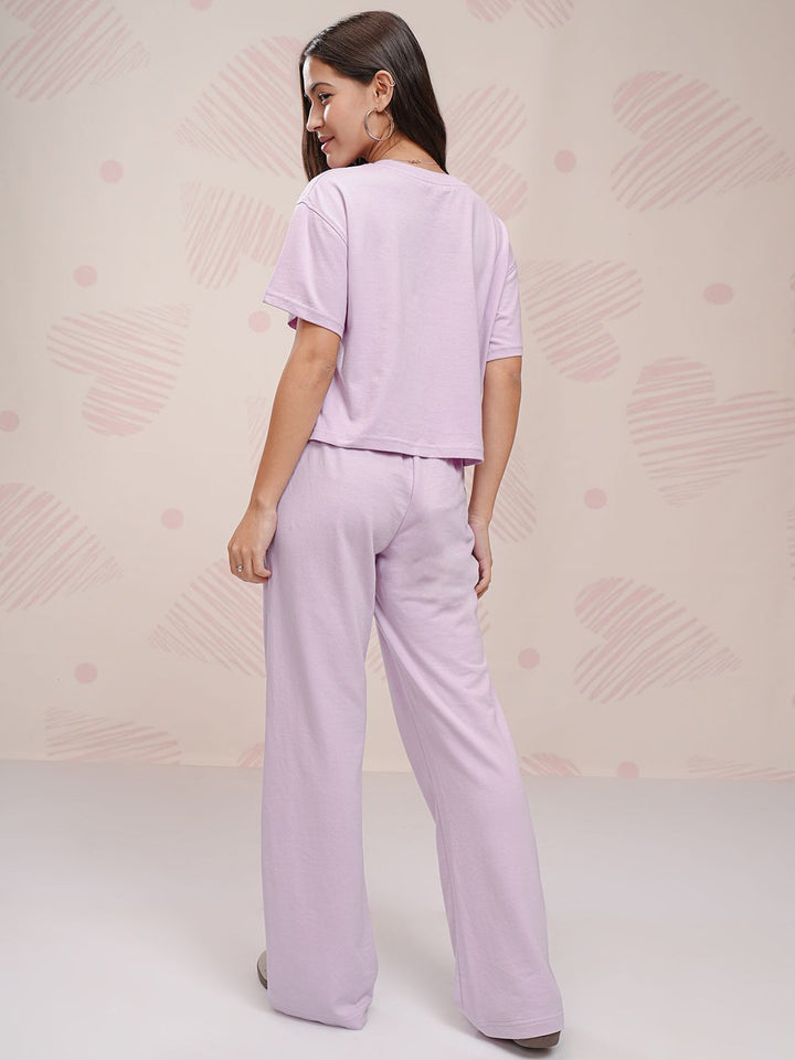 Tokyo Talkies Lavender Dumbo Printed Round Neck Short Sleeves T Shirt With Trouser